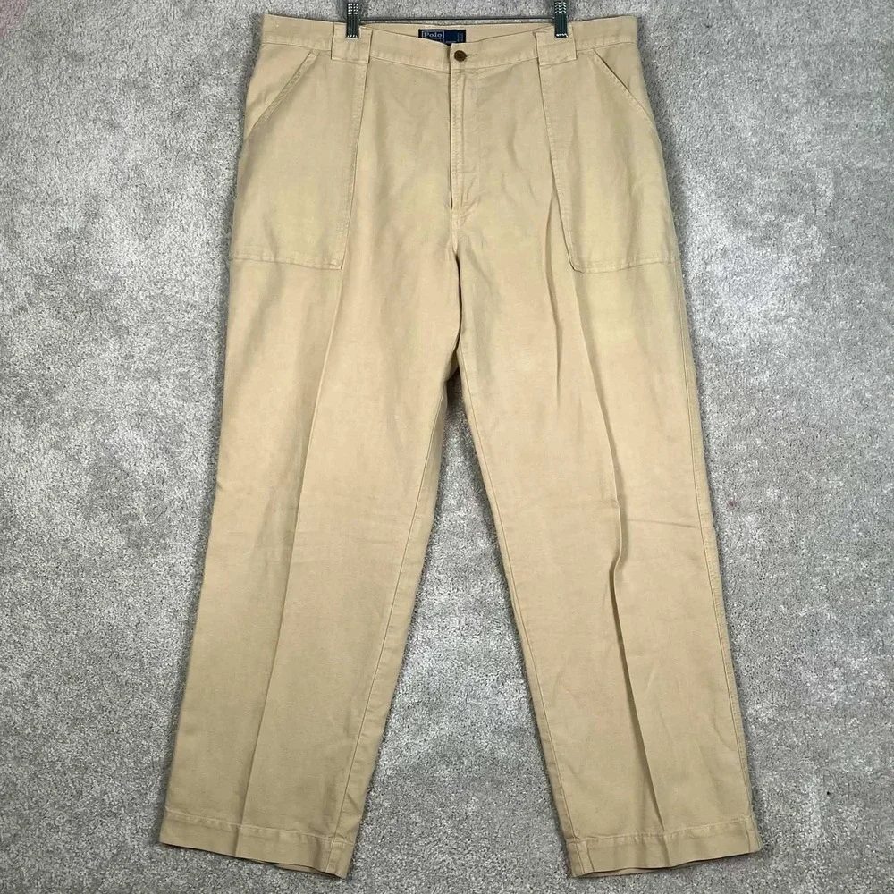 Vintage Polo Ralph Lauren Linen Cotton Pants Mens 40x31 Beige Flat Front Utility